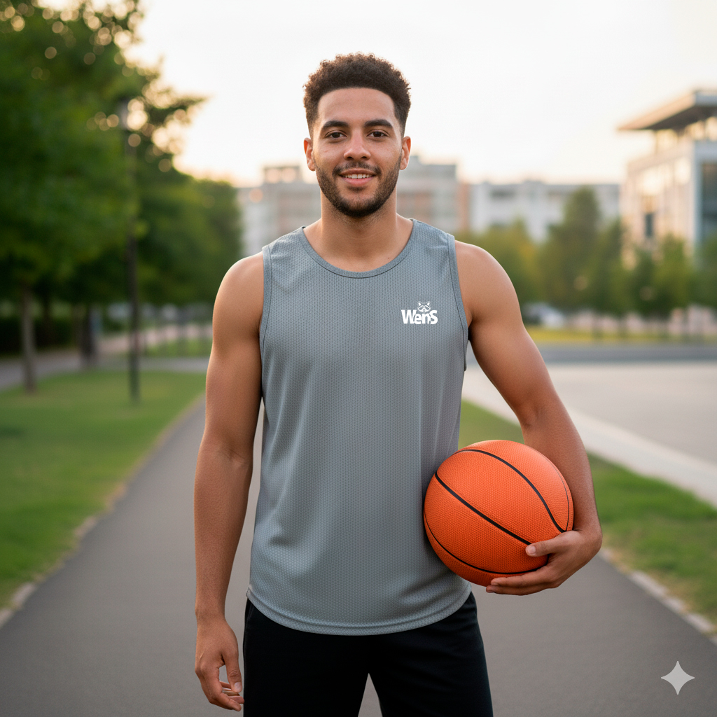 camiseta gris sin manga con pelota
